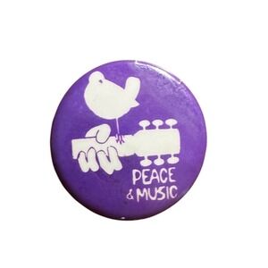 Woodstock Peace & Music Purple Pinback Button Vintage 1969 Bird Guitar Badge 1"